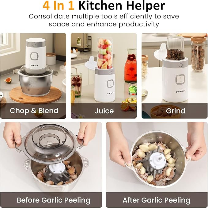 Sunvivi 4-IN-1 Food Processor: 350W Electric Meat Grinder, 2 Bi-Layer 4 Blades, 1.8L Stainless Steel Bowl, Juicer, Coffee Grinder, Garlic Peeler, Vegetable Chopper, 2-Speed, 150&350ml Cups, White