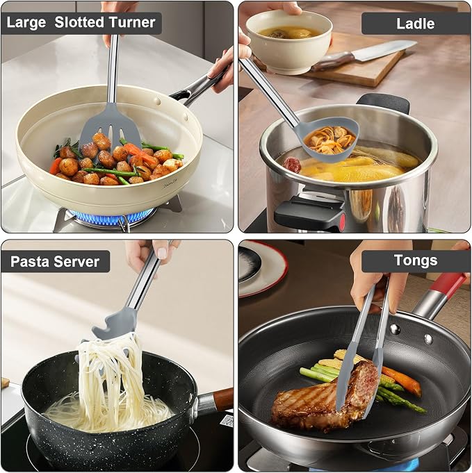 Vayvnt 8 PCS Cooking Utensils Set, Non-toxic Silicone Utensils, Gray | Heat Safe to 480℉, Dishwasher Safe, Stainless Steel Long Handle, Food Grade Silicone, Non Scratch, for Non Stick Cookware