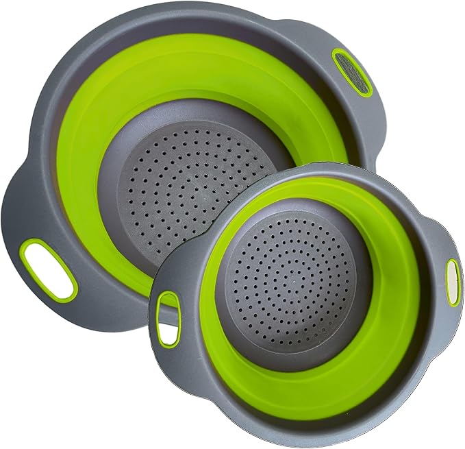Green Kitchen Strainer Colander Set - 2 PCS Multifunctional Colander Silicone Food Strainers for Kitchen for Pasta and Spaghetti Collapsible with Plastic Handles