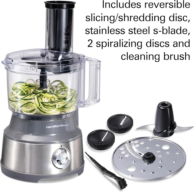 Hamilton Beach 10 Cup Food Processor & Vegetable Chopper | For Slicing, Shredding, Mincing, and Puree | Veggie Spiralizer Attachment | Grey and Stainless Steel | 70735