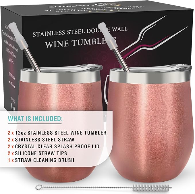 CHILLOUT LIFE 12 oz Stainless Steel Wine Tumblers 2 Pack - Double Wall Vacuum Insulated Wine Glasses Cups with Lids and Straws Set Keeping Cold & Hot for Coffee, Beer, Ice Cream - Rose Gold