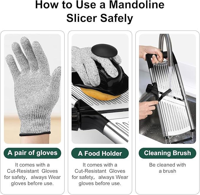 -BINGBING- Mandoline Slicer for Kitchen, Adjustable Mandoline Food Slicer | Stainless Steel Vegetable Slicer, Adjustable Blade, Slices, Julienne, Waffle and French Fries Cut, Includes Gloves and Brush
