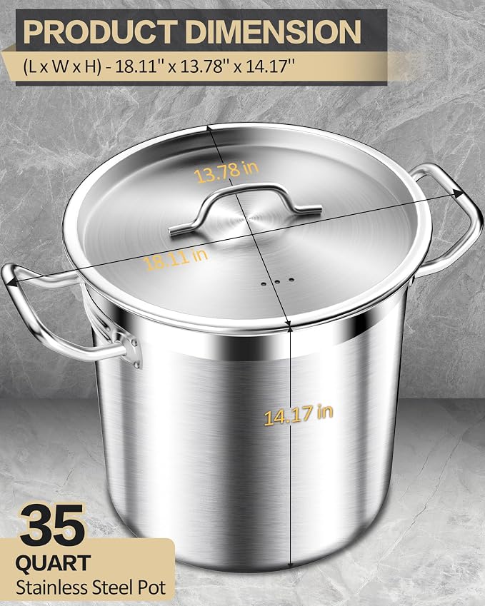 STOCKPOT Commercial Grade Large Stock Pots - Soup Pot with Lid - Non-Nickel Stainless Steel - Healthy Cookware Polished Stockpots - Heavy Duty - 35 Quart (8.8Gallon)