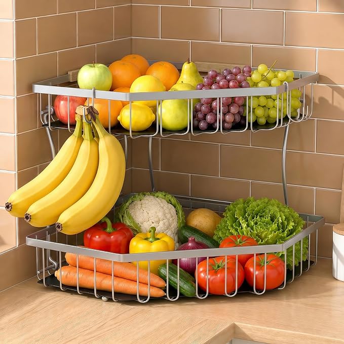 2 Tier Fruit Basket for Kitchen Counter with 2 Banana Hangers for Corner | Detachable Metal Fruit Bowl with Wooden Handle, Large Capacity Fruit Stand for Bread Fruit and Vegetable Storage, Silver