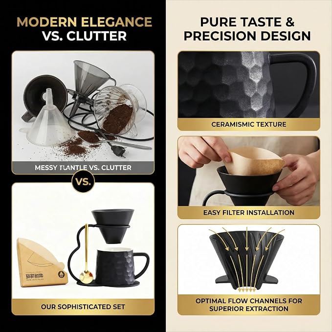 Pour Over Coffee Maker set,Ceramic Coffee Maker With V60 40 pcs Paper Filter，Metal Stand 9oz 270ml mug Pour Over Coffee Dripper Black