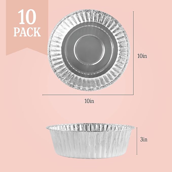 PLASTICPRO 10'' Inch Round Tin Foil Pans Disposable Aluminum, Extra Deep Freezer & Oven Safe - For Baking, Cooking, Storage, Roasting, & Reheating, Pack of 10