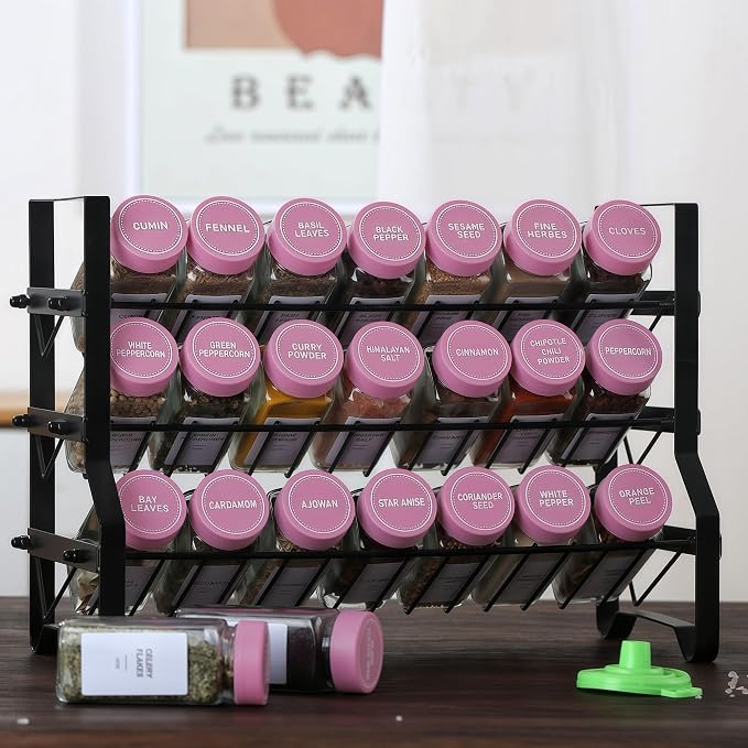 36 Spice Jars with Labels, 4oz Seasoning Jars for Cabinets, Drawers, Racks | Lead-free glass seasoning containers with pink airtight lids, and they are dishwasher safe