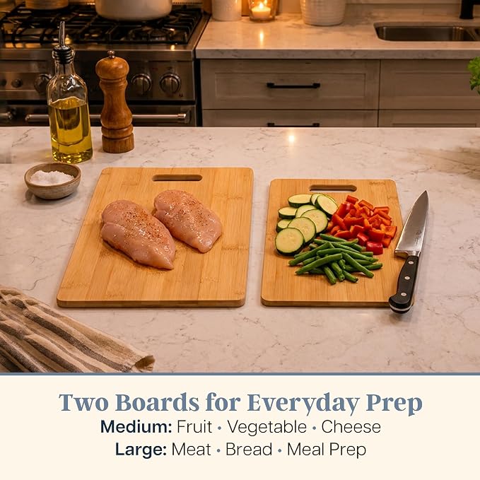 Totally Bamboo Cutting Board Set, 2 Reversible Cutting Boards for Kitchen | Large and medium wood chopping boards. Everyday prep for produce, meat, fish and poultry. Built-in handle holes for storage.