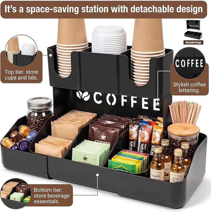 Expandable 2 Tier Coffee Station Organizer, Coffee Bar Organizer with 11 Compartments & Cup Holder Rack, Coffee Pod Holder for K Cups, Tea Bags, Sugar Packets, Countertop Coffee Accessories Storage