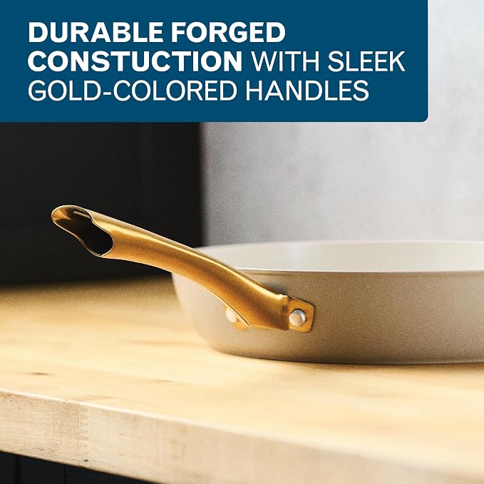 Farberware Forged Induction Ceramic Nonstick Fry Pan/Skillet, Dishwasher Safe, Gold Color Stainless Steel Handle, 12.25 Inch Frying Pan - Taupe