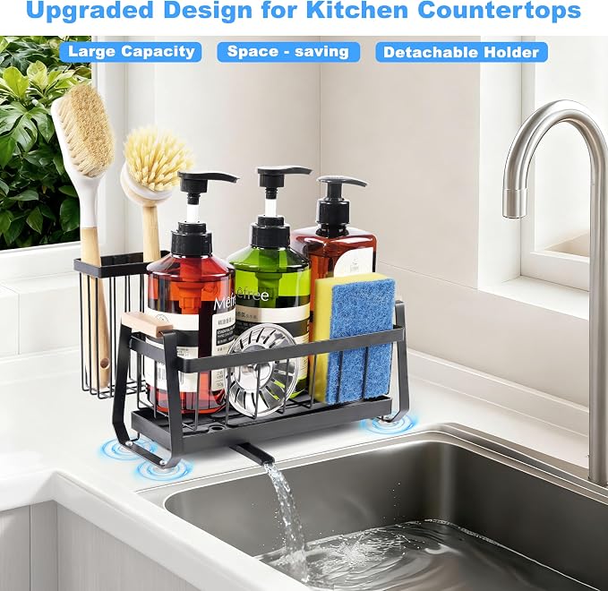Sponge Holder for Kitchen Sink Caddy Organizer with Brush Holder | Stainless Steel Sponge Caddy with Suction Cup, Rustproof Kitchen Sink Organizer, Dish Soap Holder for Kitchen Countertop