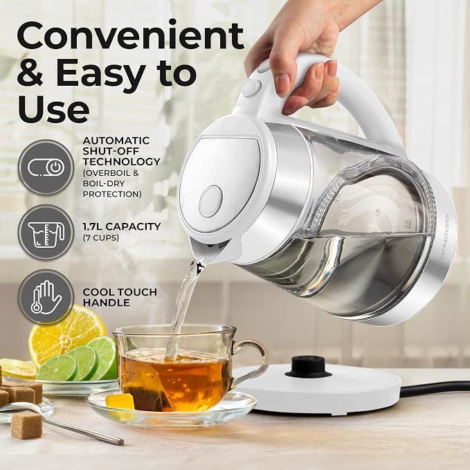 Zulay Kitchen Fast Boiling Electric Water Kettle - 1.7L, 1500W, Auto Shut-Off for Overboil & Boil Dry Protection, Cool-Touch Handle, 360° Base - Rapid Teapot Boiler For Coffee & Tea - White
