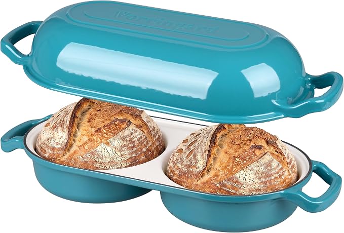 Enameled Cast Iron Double Dutch Oven with Lid, Dual Round Loaf Pan, Bread pan for Homemade Sourdough Bread Baking, Bluegreen