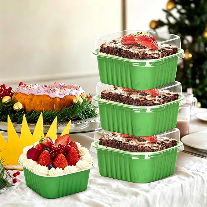 30Pack 5oz Green Mini Cake Pans with Lids Baking Cups Aluminum Foil Pans Tins, Individual Dessert Cups Containers for Sales,Party,Picnics