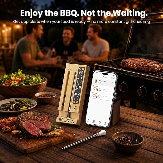 WiFi Sub-1G Wireless Meat Thermometer Unlimited Range 7 NIST Certified Sensors with Ambient Temp 2 Temp Monitoring Ways Digital Smart Base and App for BBQ, Smoker, Grill, Oven (Dual Probes)