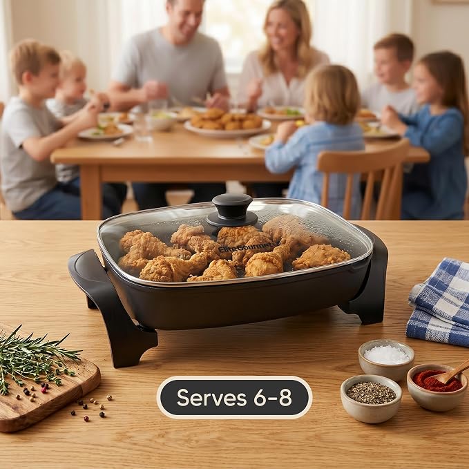 Elite Gourmet EG-6203# Non-Stick Electric Skillet, 10.5Qt, Black | Pour Spout, Glass Vented Lid, Long-Lasting, 200-400°F Adjustable Temp, Dishwasher Safe, Serves 6-8 - Extra-Deep 16"x13"