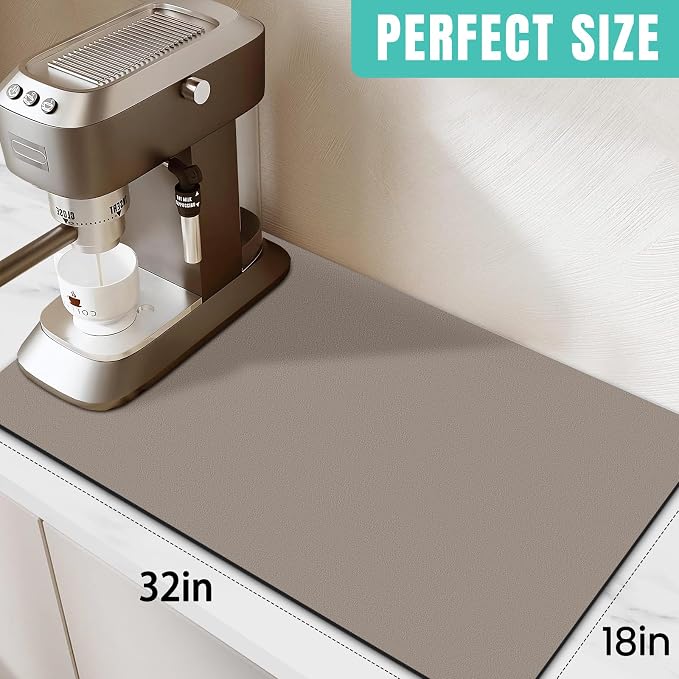Coffee Mat Super Absorbent Dish Drying Mat Coffee Bar Mat 18"x 32", Khaki | Match with Coffee Machine Accessories Large Drying Mats for Kitchen Counter
