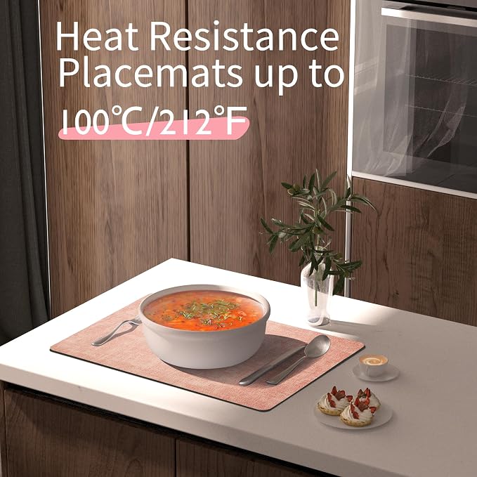 Maxpearl Faux Leather Placemats Set of 6, Easy to Clean, Peachy Pink | Waterproof - Heat Resistant - Non Slip - Wipe Clean Dining Table Place Mats, Suitable for Indoor & Outdoor Use, 17''×12''