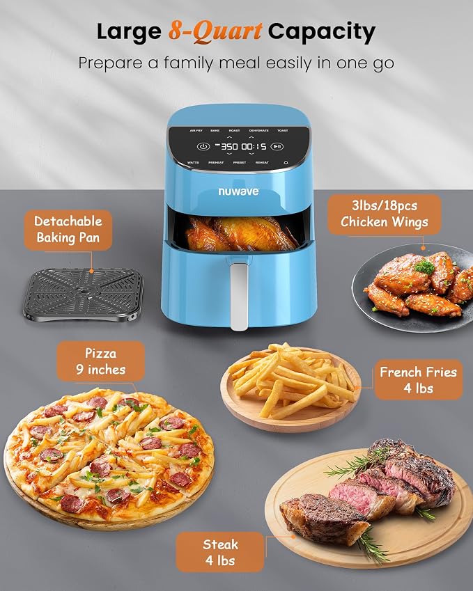 Nuwave Brio Plus Air Fryer 8 Qt, New & Improved, PFAS-Free Ceramic Coating | 7 Digital One-Touch Modes: Air Fry/Bake/Roast/Dehydrate/Toast/Reheat/Preheat; 150 Presets; 50–400°F; 700/1500/1800W; CozyBlue