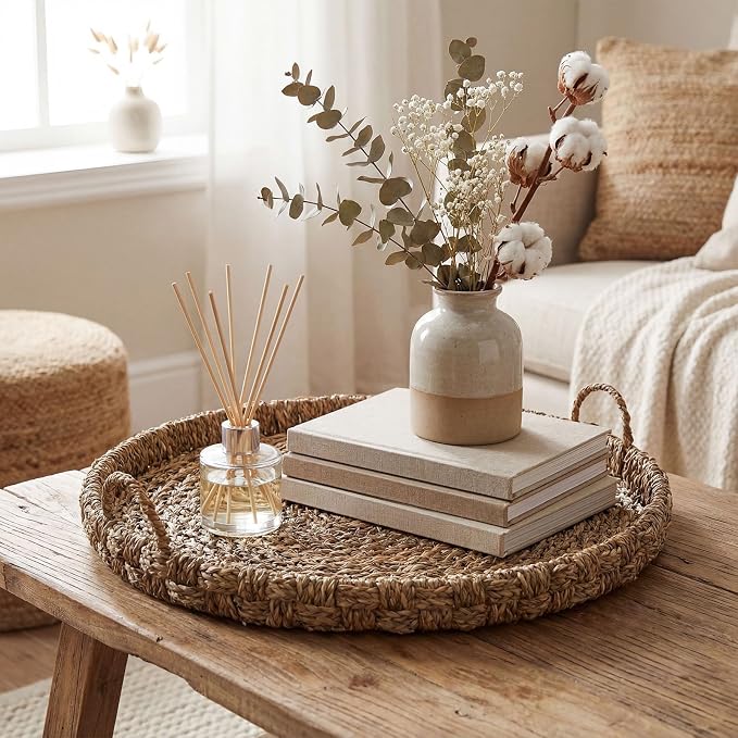 Large 15.7 Inches Rattan Round Serving Tray with Handles Round Braided Bankuan Basket with Handles for Decorative Coffee Table Fruit Bread