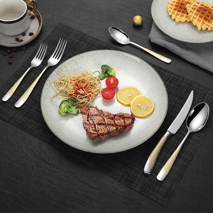 40-Piece Hammered Silver Gold Silverware Set for 8,18/10 Stainless Steel Flatware Set with Serrated Forged Knives,Heavy Duty Cutlery Set for Home & Party,Mirror Polished, Dishwasher Safe