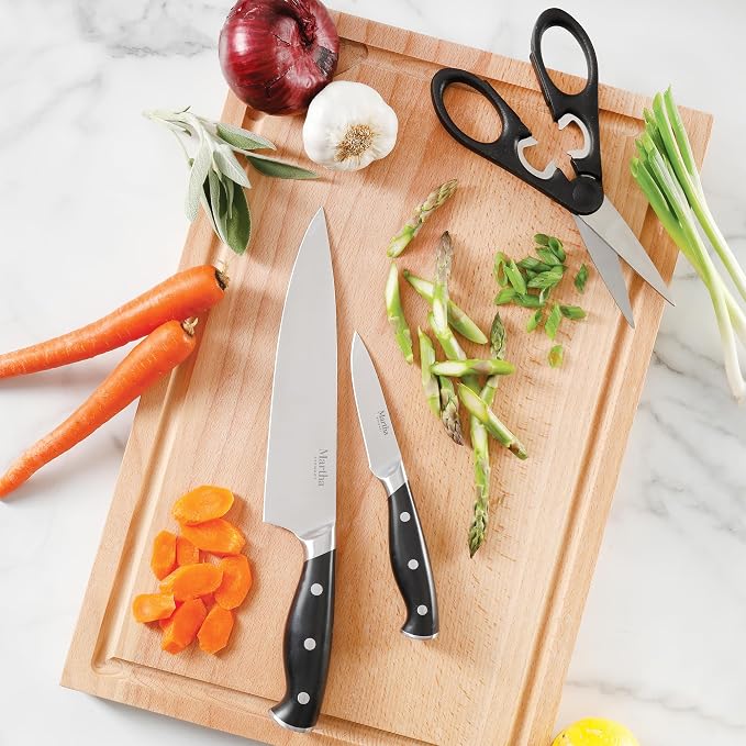 Martha Stewart Greeley Forged High Carbon Stainless Steel 14 Piece Knife Block Set, Black Kitchen Knife Set with Acacia Wood Block, Chef Knife, Bread Knife, Steak Knives