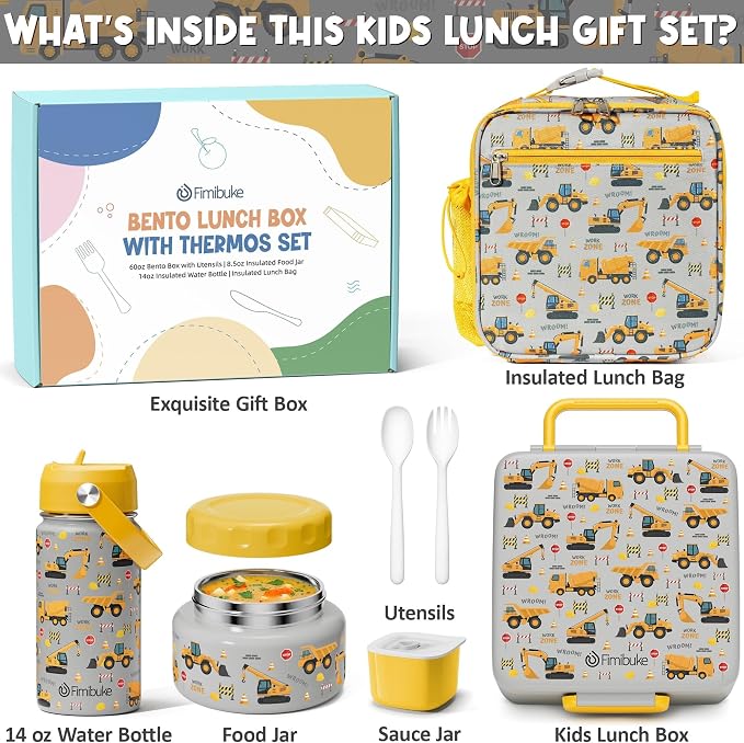 Fimibuke Bento Box for Kids Adult - Leakproof 3-4 Compartments Lunch Bento Box Set with Insulated Food Jar, Water Bottle, Lunch Bag, Sauce Cup & Cutlery for Toddler Teen Shcool Girl Boy Age 3+