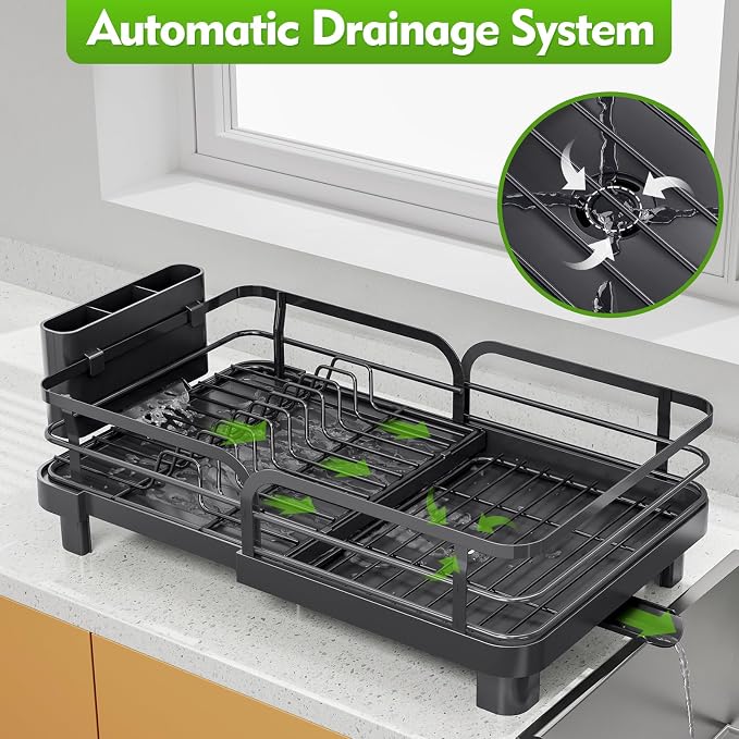 TOOLF Expandable Dish Drying Rack for Kitchen Counter, Black | Stainless Steel Dish Drainer with Drainboard Set & Cutlery Holder, Extendable 13.7“-20.5”L, Rust-Proof, Fits for 1-3 People