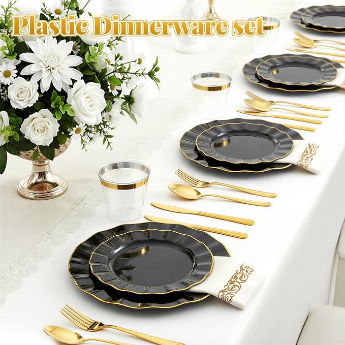 Glowserve 175 Piece Disposable Plastic Plates Dinnerware Set for 25 Guests | 50 Plastic Plates,25 Silverware Set,25 Cups and Napkins,Wedding Birthday,Family Party,Fancy Plastic Plates
