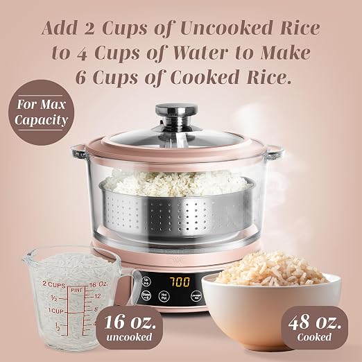 COOK WITH COLOR Glass Mini Low Carb Rice Cooker – Holds 2 Cups Raw/Makes 6 Cups Cooked with Auto Lift Filter Basket, Hotpot & Steamer for Rice, Grains, Digital Panel with Keep Warm, Dusty Rose
