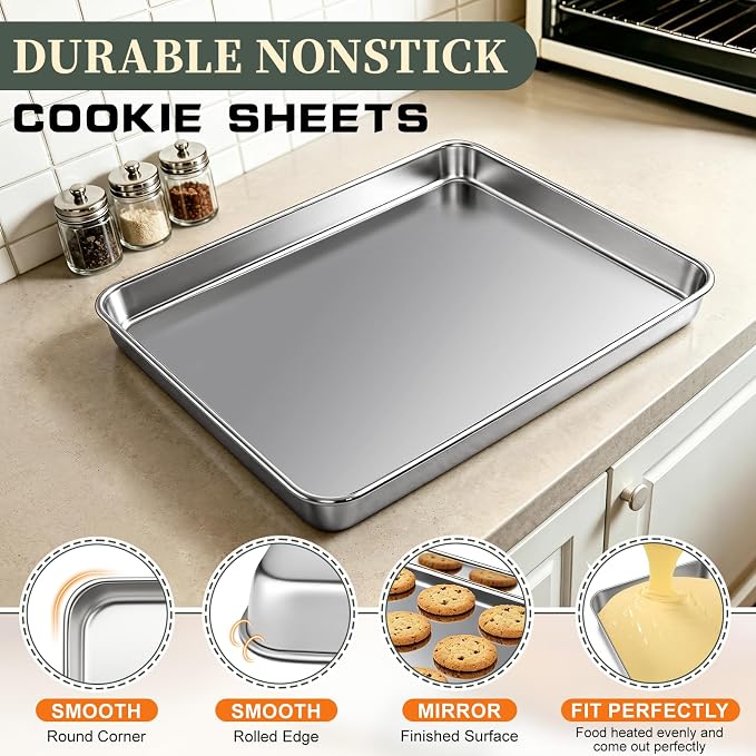 Stainless Steel Baking Sheet Tray Cooling Rack with Silicone Baking Mat Set, 9/12/16 Inch Cookie Sheet Baking Pan with Wire Rack Set, Set of 9 (3 Sheets + 3 Racks + 3 Mats), Heavy Duty & Rust Proof