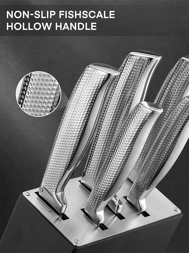 Knife Set, FOHERE 7 Pieces Kitchen Knife Set with Built-in 5 x Sharpeners, Waved Texture Knife Set with Block, Stainless Steel Knife Block Set, Sharp Knives Set with Ergonomic Handle