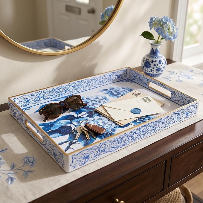 Serving Tray with Handles, Rectangular Plastic Tray 15.75x11.81 Inch, Decorative Tray for Kitchen, Dining Table, Vanity, Office & Home (Blue Hydrangea, 15.8" x 11.8" x 1.6")