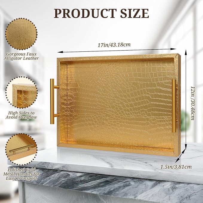 SXNOWS Faux Leather Serving Tray with Gold Handles, Glossy Gold | 17x12 in Rectangle Decorative Tray, Perfect for Ottoman Coffee Table Kitchen Bar, Stylish Gift for Home Decor