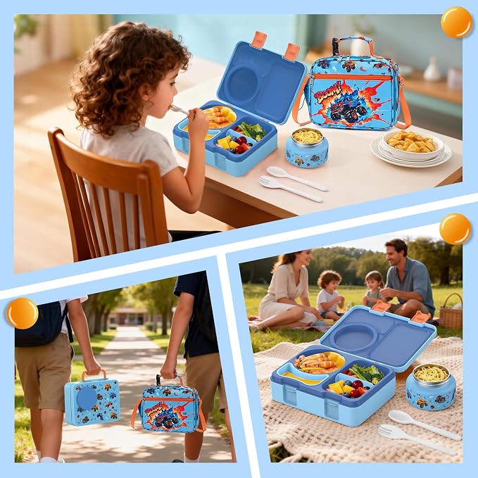 Bento Box for Kids, Leakproof Kids Lunch Box with 8.5OZ Thermo Food Jar & Lunch Bag, 3-4 Compartments Toddler Insulated Lunch Box for Boys, BPA Free Lunch Containers for School Daycare