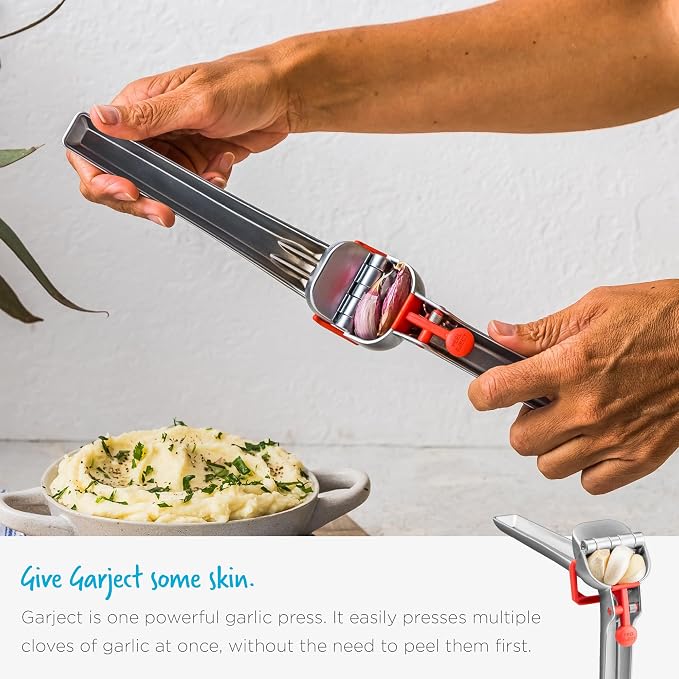 Dreamfarm Garject Garlic Press with Peel Ejector & Scraper - Red | No-peel mincer with skin eject button, crushes up to 3 cloves, dishwasher safe, durable chrome-plated zinc