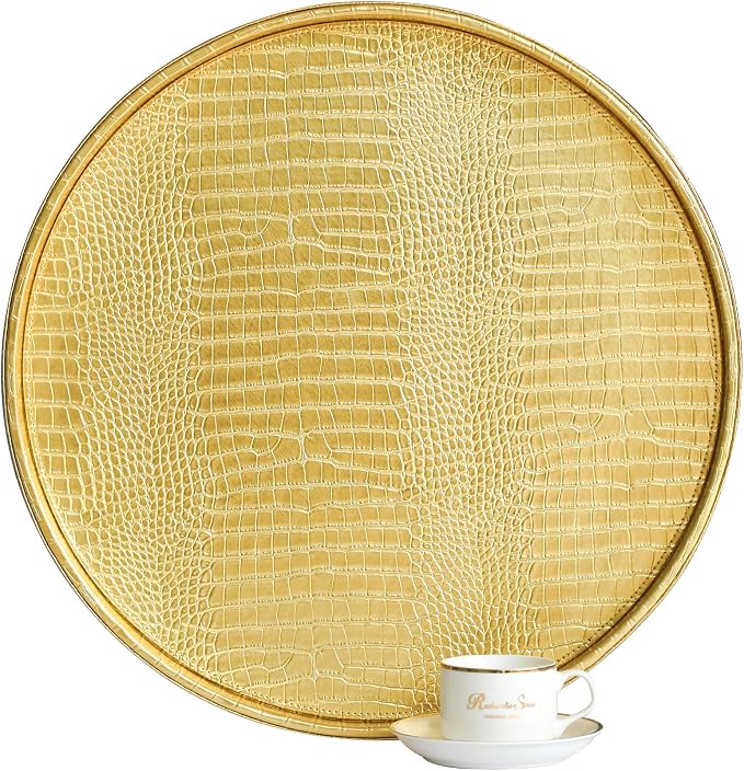HofferRuffer Round Serving Tray 20'', Elegant Faux Leather Circle Ottoman Table Tray, Serve Tea Coffee Breakfast in Bedroom Living Room Kitchen (Gold, 20")