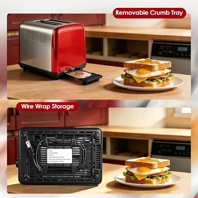 Toaster 2 Slice, Stainless Steel, 6 Shade Settings, 1.5" Extra Wide Slots | NEXFIT Retro Toaster with Bagel, Defrost, Reheat & Cancel Functions, 900W, Removable Crumb Tray, High Lift, Cord Wrap, Red