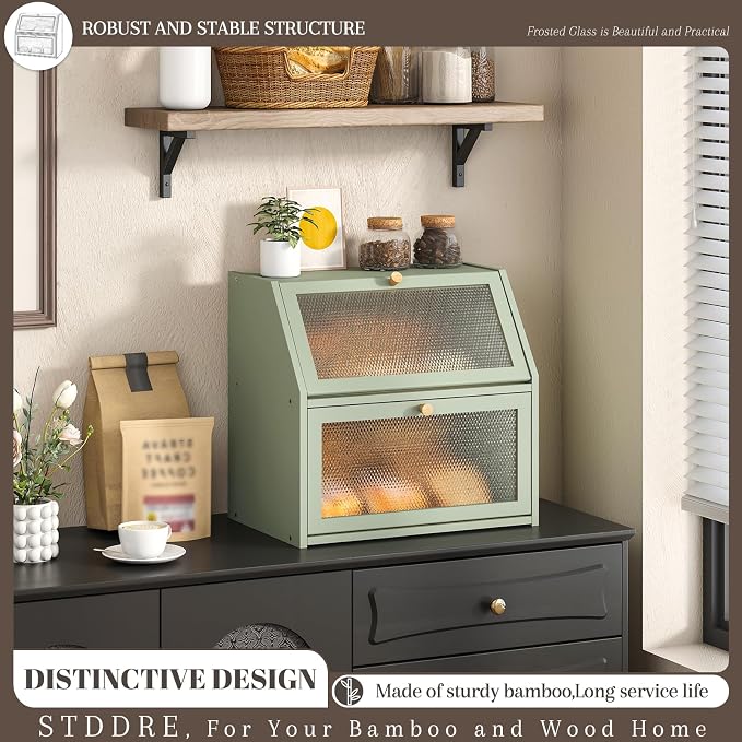 STDDRE Bread Box for Kitchen Countertop Bin Double Layer Bread Box Storage Container Extra Large Capacity Farmhouse with Diamond Pattern Windows (Green, Extra Large)
