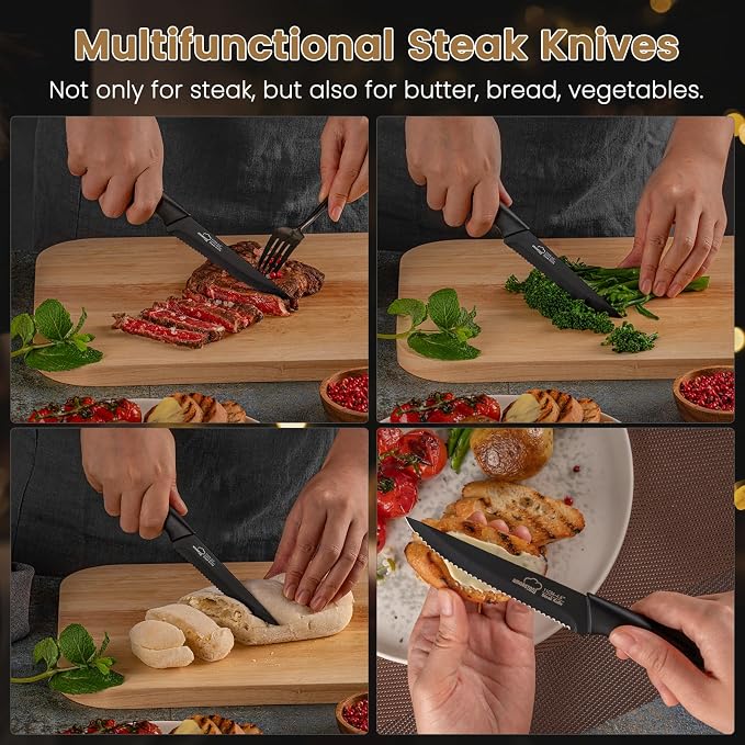 Steak Knives, Steak Knives Set of 8, Stainless Steel Steak Knife Set, Serrated Knives Dishwasher Safe, Elegant Black Mothers Day Gifts for Women