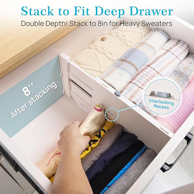 Vtopmart Drawer Dividers for Clothes 8 Pack, Adjustable 4" High Expandable from 11.3"-17" Dresser Drawer Organizer, Plastic Drawers Separators for Dresser, Baby Clothes, Kitchen and Office Storage | Adjustable Drawer Organizer, Dresser Clothes Separato...
