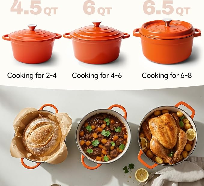 4.5 Quart Dutch Oven Pot with Lid, Non Stick Enameled Cast Iron Dutch Oven for Bread Baking, Heavy-Duty, Oven Safe Ceramic Cookware Up to 500°F for Baking, Braising, Stews, Roasting, Orange
