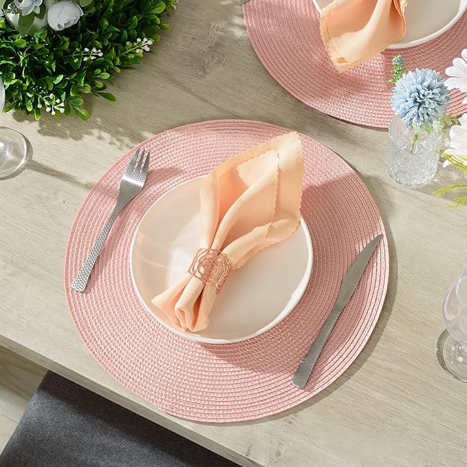 AHHFSMEI Round Placemats Set of 6 Heat Resistant Washable Non-Slip Woven Braided Table Mats for Dining Table Kitchen & Home Decor (Pink)