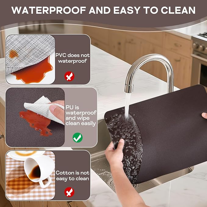 Faux Leather Placemats Set of 6 Waterproof Table Mats with Coaster | 17×12 In Heat Resistant Place Mats Set of 6 Wipebale & Washable Table Placemats for Kitchen Dining Indoor & Outdoor Brown