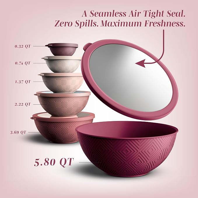 COOK WITH COLOR Mixing Bowls with Lids - 12 Piece Plastic Nesting Bowls Set includes 6 Prep Bowls and 6 Lids, Microwave Safe Mixing Bowl Set, Rose Rhombus