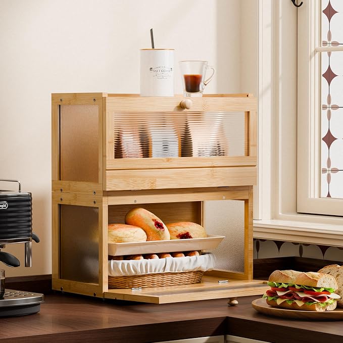 Stackable Bread Box for Kitchen Countertop, 2 Tier Bamboo Bread Storage Container Holder Bin for Baked Goods Snacks Farmhouse Breadbox with Acrylic Window for Pantry Cabinet Cupboard, Natural