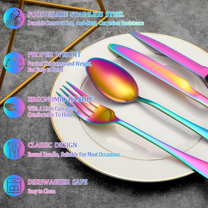 36 Pcs Rainbow Silverware Set with Steak Knives, Stainless Steel Flatware Cutlery Set for 6, Kitchen Tableware Sets, Utensil Sets for Home and Restaurant, Dishwasher Safe
