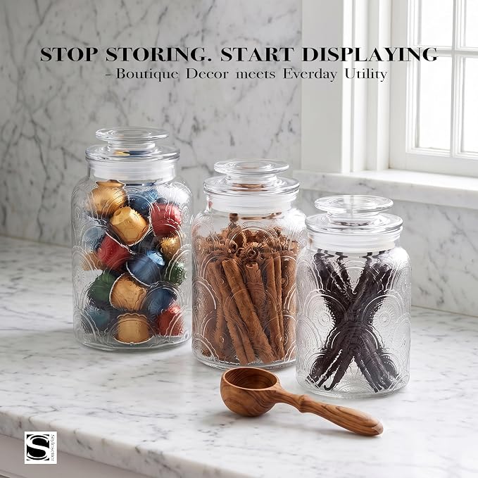 Style Setter Canister Set 3-Piece Glass Jars in 34oz, 44oz & 54oz Retro Design Lids for Cookies, Candy, Coffee, Flour, Sugar, Rice, Pasta, Cereal & More