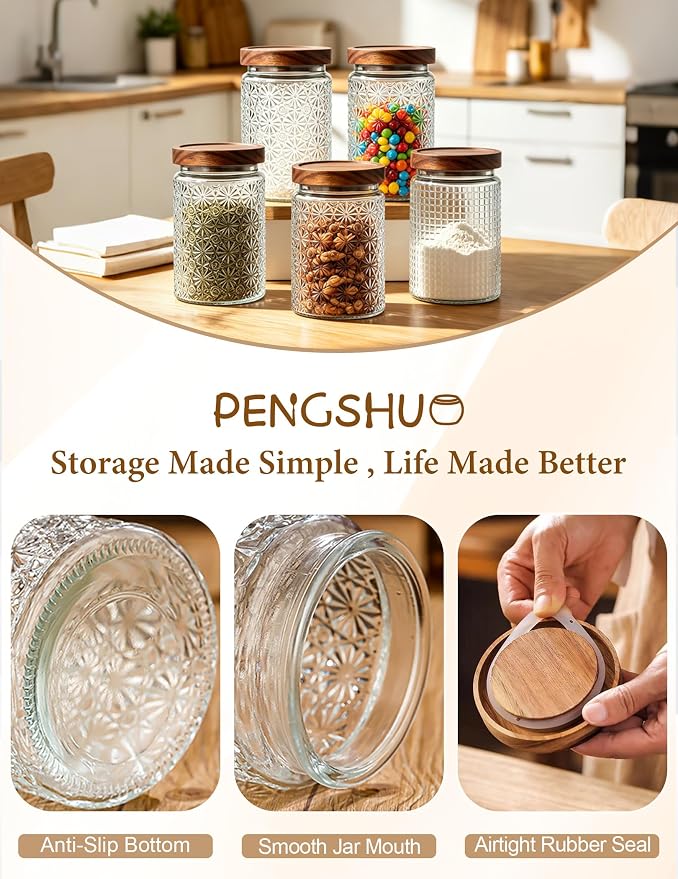 Vintage Glass Jars with Wood Lids - 24 OZ Airtight Storage Container for Kitchen Pantry Bathroom, Decorative Canisters for Coffee Beans, Brown Sugar, Cookie, Candy, Tea Bag, Dog Treat, Flour