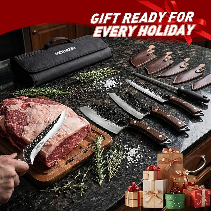 Butcher Knife Set, Serbian Chef Knife Set with Roll Bag Gift for Men | Hand Forged Full Tang 12PCS Kitchen Knife Set, Ebony Handle, High Carbon Steel Meat Cleaver for Brisket Trimming, Camping BBQ